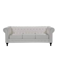 Brooks 82 3 In Rolled Arm Faux Leather Straight 3 Seater Upholstered Sofa In Cream White
