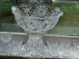 Vintage Cut Glass Punch Bowl Set With
