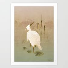 White Heron In Bulrushes Art Print By