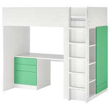 Superbe meuble lit avec nombreux rangements intégré ; Smastad Lit Mezzanine Blanc Vert Avec Bureau Avec 4 Tiroirs Ikea