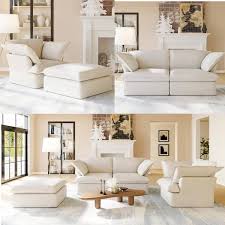 Overstuffed Down Filled Comfort Modular Linen Flannel Living Room Sofa Set With Accent Chair 2 Seater And Ottoman Beige