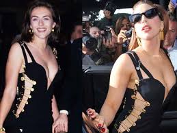 13 times celebrities wore outfits that were completely unusual for. Lady Gaga Copies Liz Hurley S Iconic Versace Safety Pin Dress Mirror Online