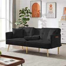 Anbazar Black Tufted Velvet Futon Sofa Bed With 2 Cup Holders