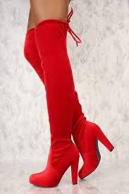 Red Round Toe Chunky Ami Clubwear Thigh High Boots Faux