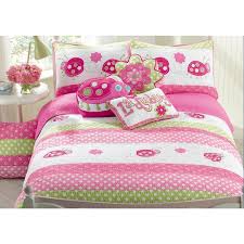5 Piece Polka Dot Fl Embroidered Lady Bug Stripe Pink Green White Cotton Twin Quilt Bedding Set With 3 Décor Throw Pillows By Cozy Line Home