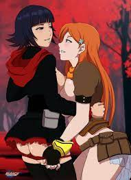 2girls artist request bleach breast press breasts out cosplay  exposed breasts inoue orihime orange hair panty pull red panties ruby rose  ruby rose (cosplay) rwby short hair skirt soifon