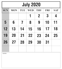 Free July 2020 Calendar Printable Template With Holidays