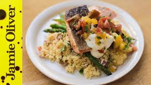 Place 4 salmon fillets onto a plate, open 2 green tea bags and shake the green tea over the salmon. Pan Fried Salmon With Tomato Couscous Jamie Oliver Youtube