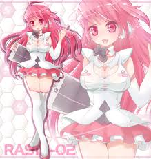nukemichi, rasis, sound voltex, sound voltex ii infinite infection, 1girl,  :d, ahoge, arms up, breasts, character name, cleavage, collar, detached  collar, detached sleeves, elbow gloves, gloves, headset, large breasts,  long hair, looking