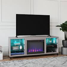 Ameriwood Home Cleavland Deluxe 64 75 In Freestanding Electric Fireplace Tv Stand For Tvs Up To 70 In In Light Walnut