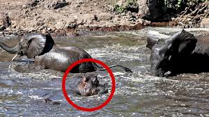 Hippo Surprises Elephants In Muddy Water Wild Animal Interaction In Singita Kruger National Park