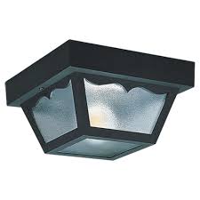 Mount the base of your light fixture & install light bulbs. Sea Gull Lighting Outdoor Ceiling 1 Light 8 25 In W Black Plastic Square Flush Mount Ceiling Fixture With Clear Textured Glass Shade 7567 32 The Home Depot