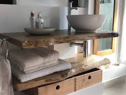 earthy modern oak slab bathroom vanity