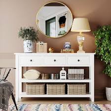 Harper Bright Designs Retro And Modern Design 50 In White Rectangle Pine Console Table With 3 Top Drawers And 2 Open Shelves