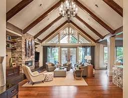 You want a color that would blend in well with the theme of your room. Upscale Living Room With Vaulted Ceiling Wood Flooring And Fireplace Vaulted Ceiling Living Room Rustic Living Room Design Living Room Ceiling