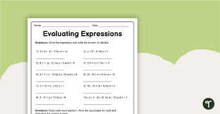 Evaluating Expressions Worksheet