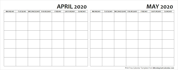 Blank April May 2020 Calendar Monday Start Template Archives