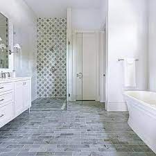 gray slate herringbone bathroom floor