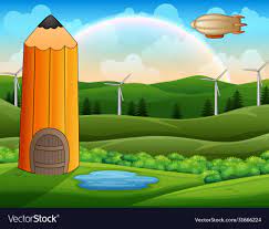 Cartoon pencil house in green landscape with airsh