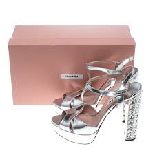 Miu Miu Silver Leather T Strap Crystal Embellished Heel Platform Sandals Size 38