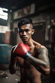 asian muay thai male boxer with abs