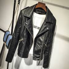 Details About Women Pu Leather Coat Slim Black Rivet Zipper Decorated Jacket