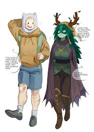 nia (nia4294), finn the human, huntress wizard, adventure time, absurdres,  commentary, english commentary, highres, 1boy, 1girl, backpack, bag, blonde  hair, blush, boots, breasts, cape, colored skin, domino mask, english text,  flying sweatdrops,