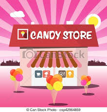 Candy Store Vector Pink Cartoon Shop With Ice Creams And Abstract City On Background