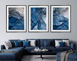 Blue Gold And White Print Set Of 3 Dark