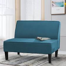 Yongqiang Upholstered Loveseat Settee For Living Room Bedroom Dining Room Banquette Bench Fabric Armless Sofa Couch Blue