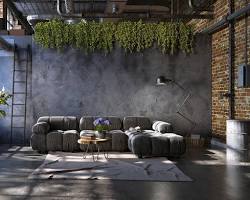 Image of Industrial loft living room with 3D exposed concrete block wallpaper