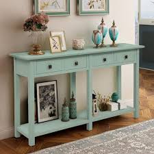 Harper Bright Designs 59 In Rustic Green Standard Rectangle Wood Console Table With 4 Drawers