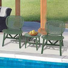 Urtr Green 3 Piece Hollow Design Plastic Patio Rectangle Table And Chair Set All Weather Outdoor Bistro Set Conversation Set