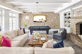 Basement Family Room With Stone Wall
