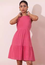 hot pink sleeveless schiffli halter dress