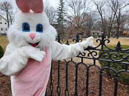A person in an Easter Bunny costume standing next to a wrought iron gate.