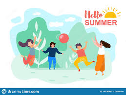 Cartoon Children Play Ball Sunny Summer Day Park Stock