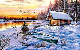 Log Cabin, snow, birds, sunset, river, trees, sky, winter, artwork, boat,  painting, HD wallpaper | Peakpx