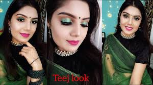 makeup look in green saree teej