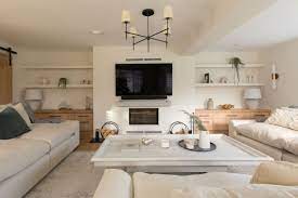 75 coastal brick wall living room ideas