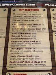 menu of coal miners bar and