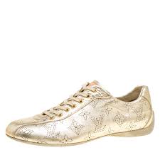 Louis Vuitton Metallic Gold Leather Perforated Leather Sneakers Size 38