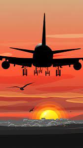 sunset airplane landing digital art 4k