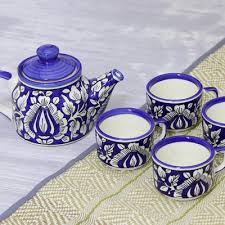 Leafy Blue Ceramic Tea Set From India