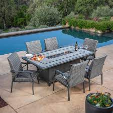 With the exclusive 5 thick ultra soft cushions and extra durable fire pit, this 9 piece sectional set with cushions comprises the perfect balance of beauty and functionality. Sunvilla Indigo 7 Piece Woven Fire Dining Set Costco