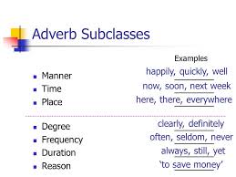 However, manner adverbs, frequency adverbs, time adverbs, degree adverbs and place adverbs are the most commonly used. Chapter 4 Formal Words Ppt Video Online Download