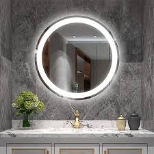 .an oversized vanity mirror and mount a bathroom lighting fixture on top of the mirror face itself. Amazon Com Yrsha Led Round Mirror 24 Inch Bathroom Vanity Mirror Anti Fog Wall Mounted Backlit Mirror With Dimmable Memory Touch Button Warm Cold Neutral Light Ip44 Waterproof Cri 92 Kitchen Dining