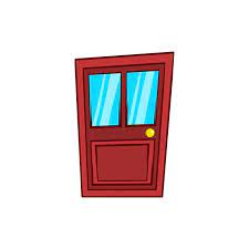 Wooden Door With Glass Icon In Cartoon