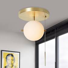 Gidu Mid Century Pull Chain Ceiling Light Globe Glass Shade Semi Flush Mount Metal In Gold Semi Flush Mount Ceiling Lights Lighting
