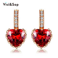 Visisap Rose Gold color Earring Red Stone Heart wedding bijoux ...